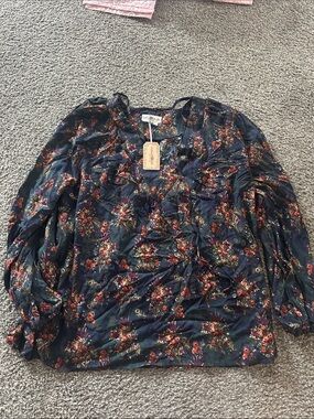 NATURAL LIFE Navy Floral Button-Front Long Sleeve Blouse